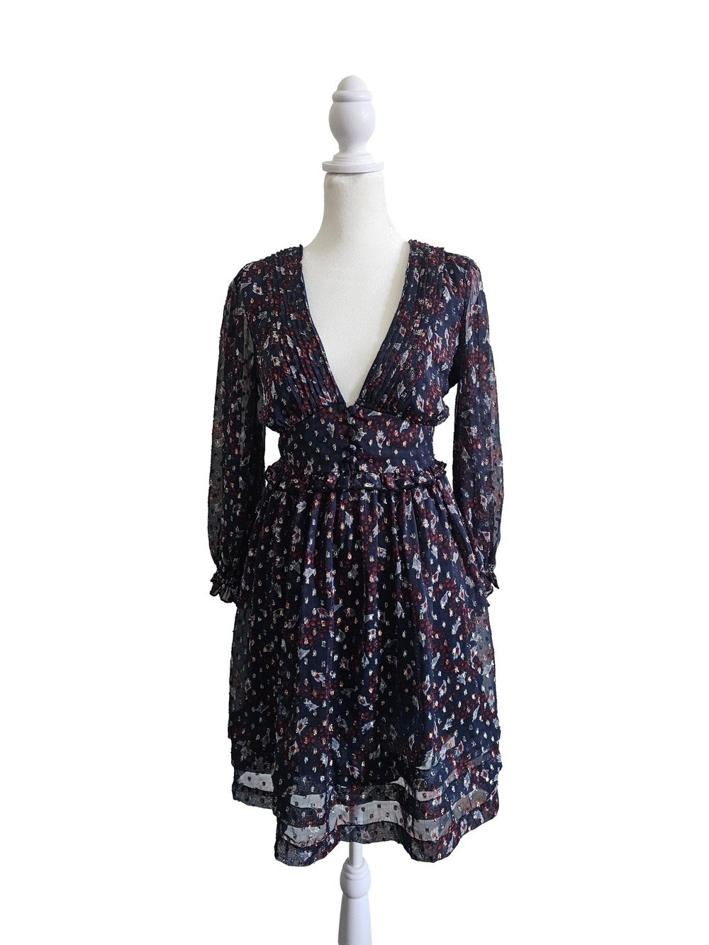Urban Outfitters Navy Floral Deep V Long-Sleeve Dress Size S